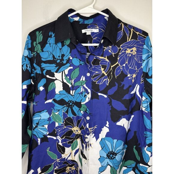 CHICO'S Button Up Tunic Collared Womens 8 (1) Floral Colorful 3/4 Slv - Picture 3 of 6